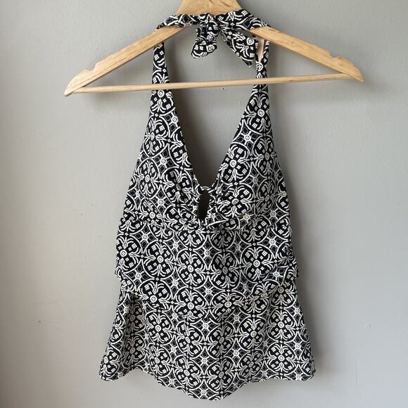 Lands End Tankini Top Black White Geometric Swim Women’s‎ size 8 Built In Bra - Picture 1 of 10